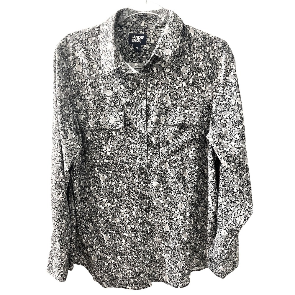 Lands' End commuter blouse black floral stretch wicking button‎ up M